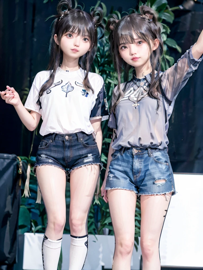 Realistic, High resolution, 1 Girl, White Wavy Hair, Korean, heterochromatic eyes, Small mole under eye, Loose white shirt, Skinny denim shorts, Large Breasts, Thighs, A masterpiece where you can see the underwear, realism