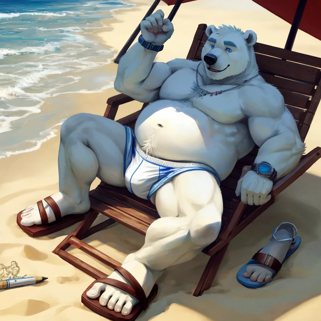 chubby youg  male polar bear blue eyes, laying on chair , no clothes , white briefs , watch ,hands on sunglasses , smiling , under sun , spread legs , beach background, sunlight, sandals , high quality , drawing
