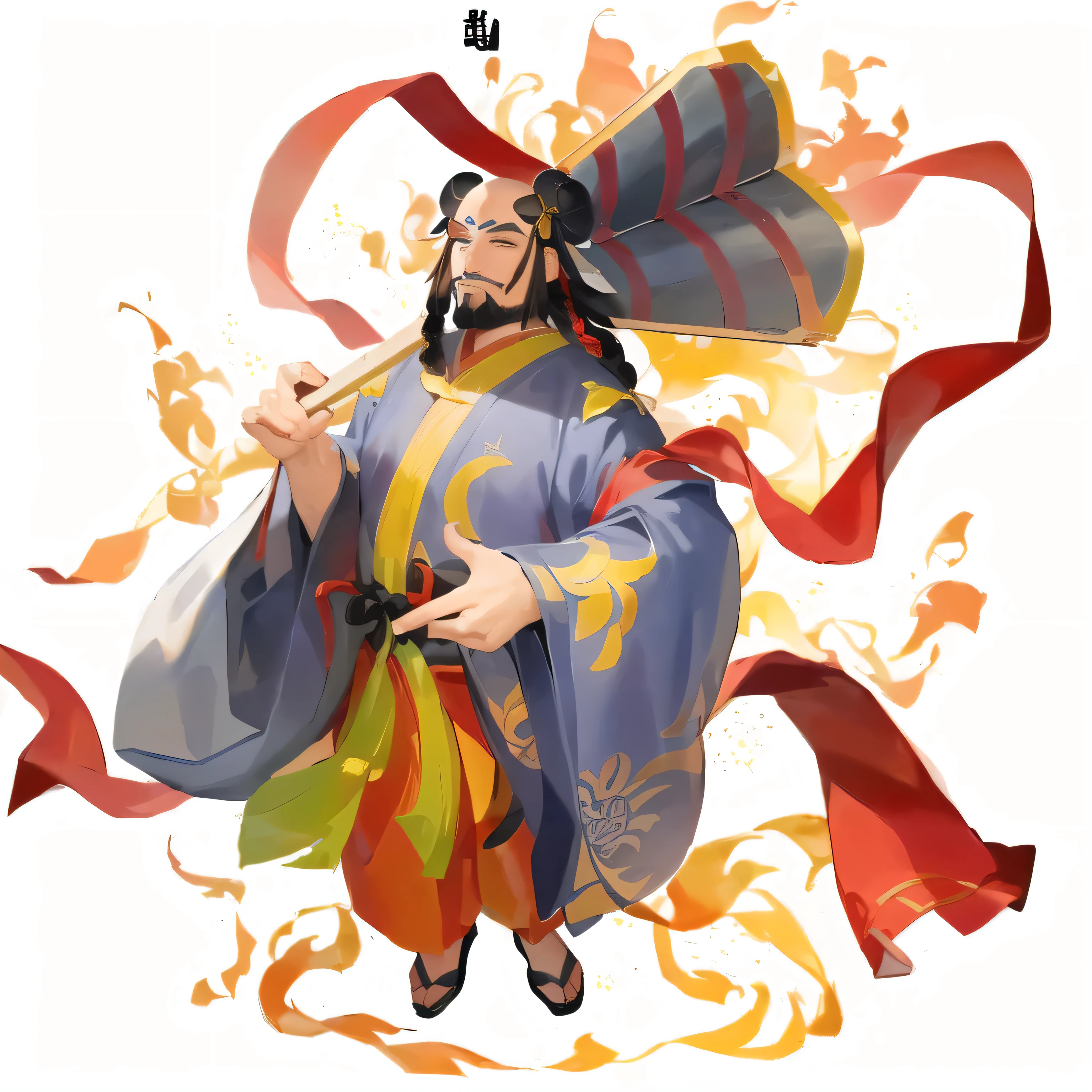 A man holding a giant palm leaf fan,Wrapped in red silk,Exaggerated expression,Middle-aged man with teeth showing,No hair in the middle of the head,There are braids on both sides,Black beard Onmyoji detailed art, Inspired by Hu Zaobin, Onmyoji, Inspired by Huang Shen, bian lian, akira from Chinese Mythology, Full color illustrations, Inspired by Zhou Wentianchong, Inspired by Gong Xian, Chinese Mythology, feng shu, Inspired by Cao Zhibai