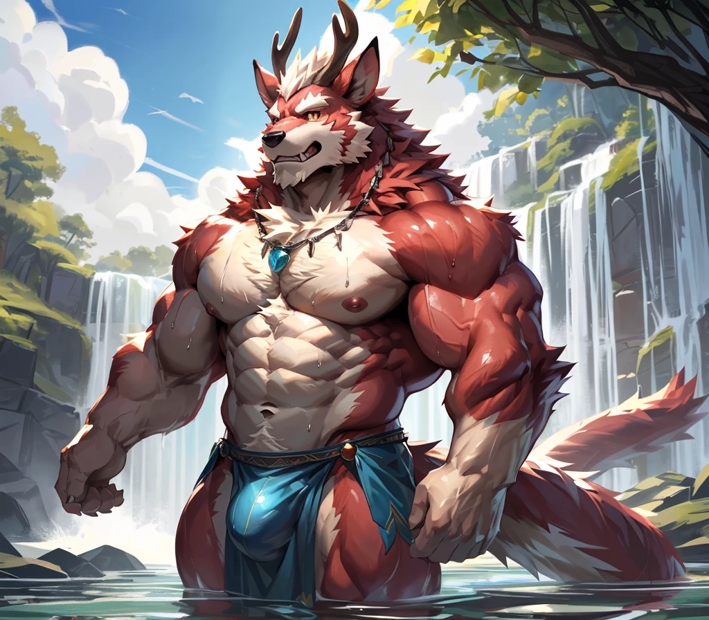 ((best quality)), ((masterpiece)), (ultra detailed), perfect face,antro baize:2.5, male , ((deep-crimson fur)), (strong beefy muscular body), ((abs, strongmuscles, 8 pack)), furry, handsome,Beautiful and delicate eyes, (ultra detailed eyes, yellow color eyes, sharp eyes), detailed scene,(huge bulge),full body, reflection, shirtless, topless, pink nipples, (by null-ghost,by traver009,by lindong,by pino daeni), (full body), wearing random pattern necklace, claws, ((fluffy fur, fluffy, furry body)),(qilin, with antler), majestic, wind blowing, ((white belly), ((1 long tail)), big fellow, muscular male, (wearing skyblue loincloth), fluffy chest hair, handsome,Delicate canine teeth, hairy, male,bathing,anime, by the waterfall, full body view, sweating:1.8