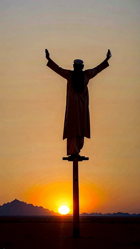 
an upright Muslim individual standing in the middle of a vast and barren desert. Around it there are several date palm trees that are thin and dry, reflecting the drought and hardship of life. The individual appears to be in a state of surrender, with hands raised to the sky in prayer. In the background, you can see the silhouettes of towering mountains and the orange-red evening sky. The image of the setting sun creates a dramatic effect, telling of resilience and spiritual strength amidst life's difficulties