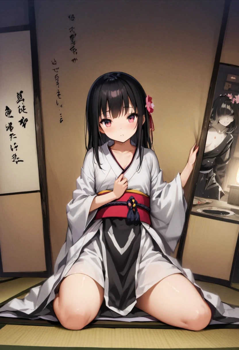 Show your ass、back、turn around、Loincloth、Zashiki-warashi、Japanese style、Shoji screen、tatami、Haunted House、darkness、Late Night、kimono、Bob、Girl、Girl、Younger、Baby Face、flat chest、Black Long Hair、Dynamic Angle、Eyes open、Flower Hair Ornaments
