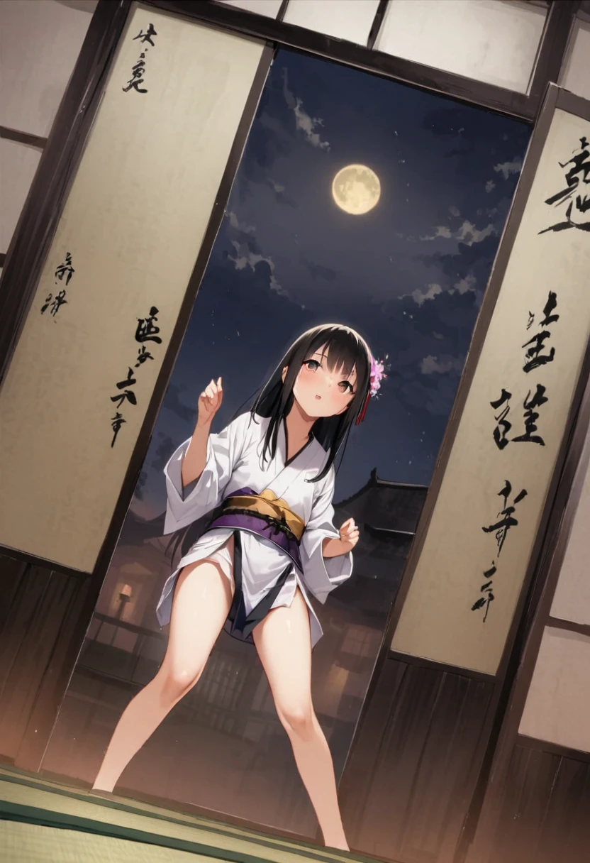 Show your ass、back、turn around、Loincloth、Zashiki-warashi、Japanese style、Shoji screen、tatami、Haunted House、darkness、Late Night、kimono、Bob、Girl、Girl、Younger、Baby Face、flat chest、Black Long Hair、Dynamic Angle、Eyes open、Flower Hair Ornaments