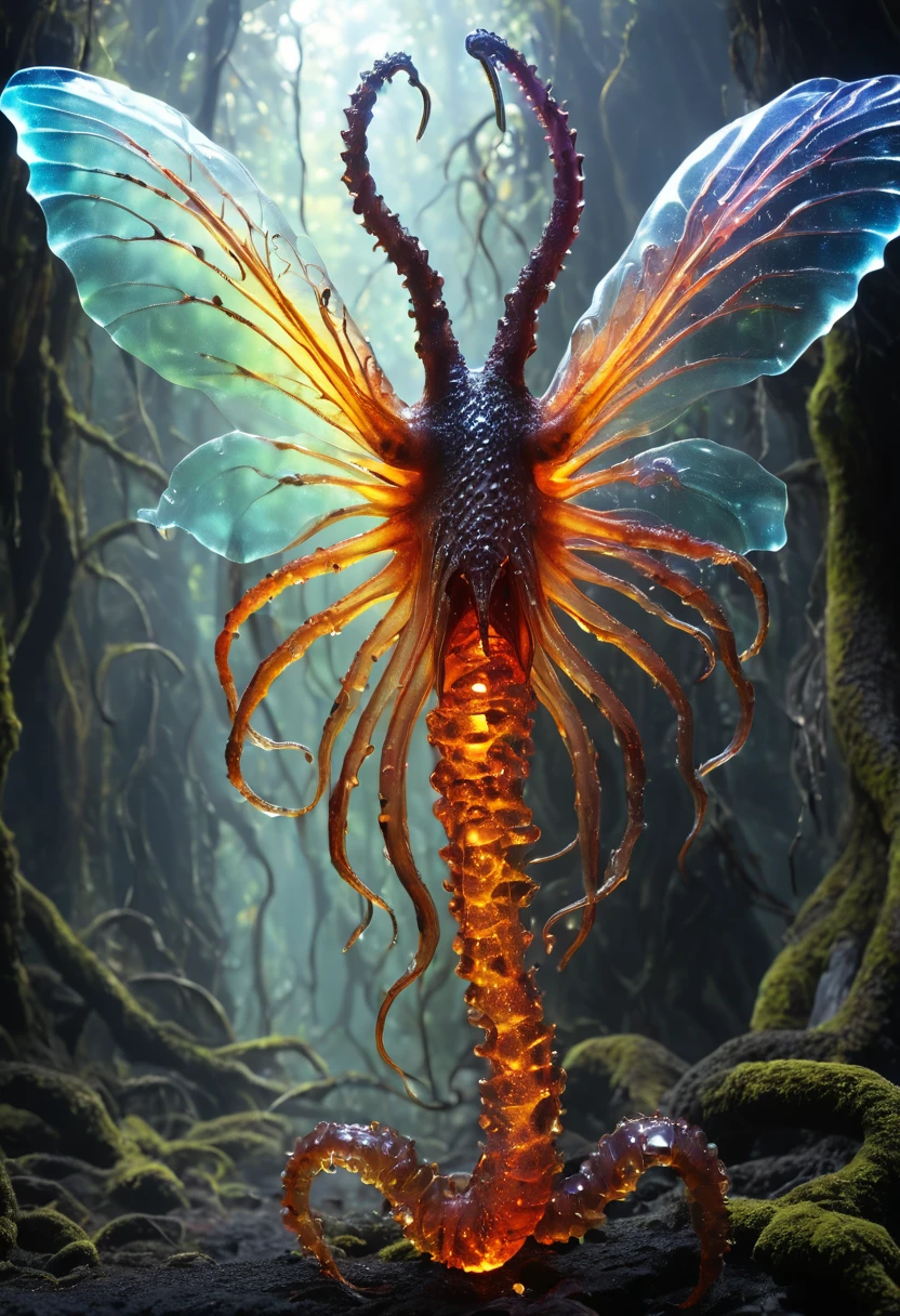 full body photo, colossal scaled translucent natural tendril-laden life form, octopod armless, flippers, bifurcated-tailed, long-tailed, iridescent skin,    demonic wings, Made_of_pieces_broken_glass,  ral-lava, swamp 
absurdres, masterpiece, award-winning photography, Volumetric lighting, extremely detailed, highest quality photo, RAW photo, 16k resolution, Fujifilm XT3, sharp focus, realistic texture