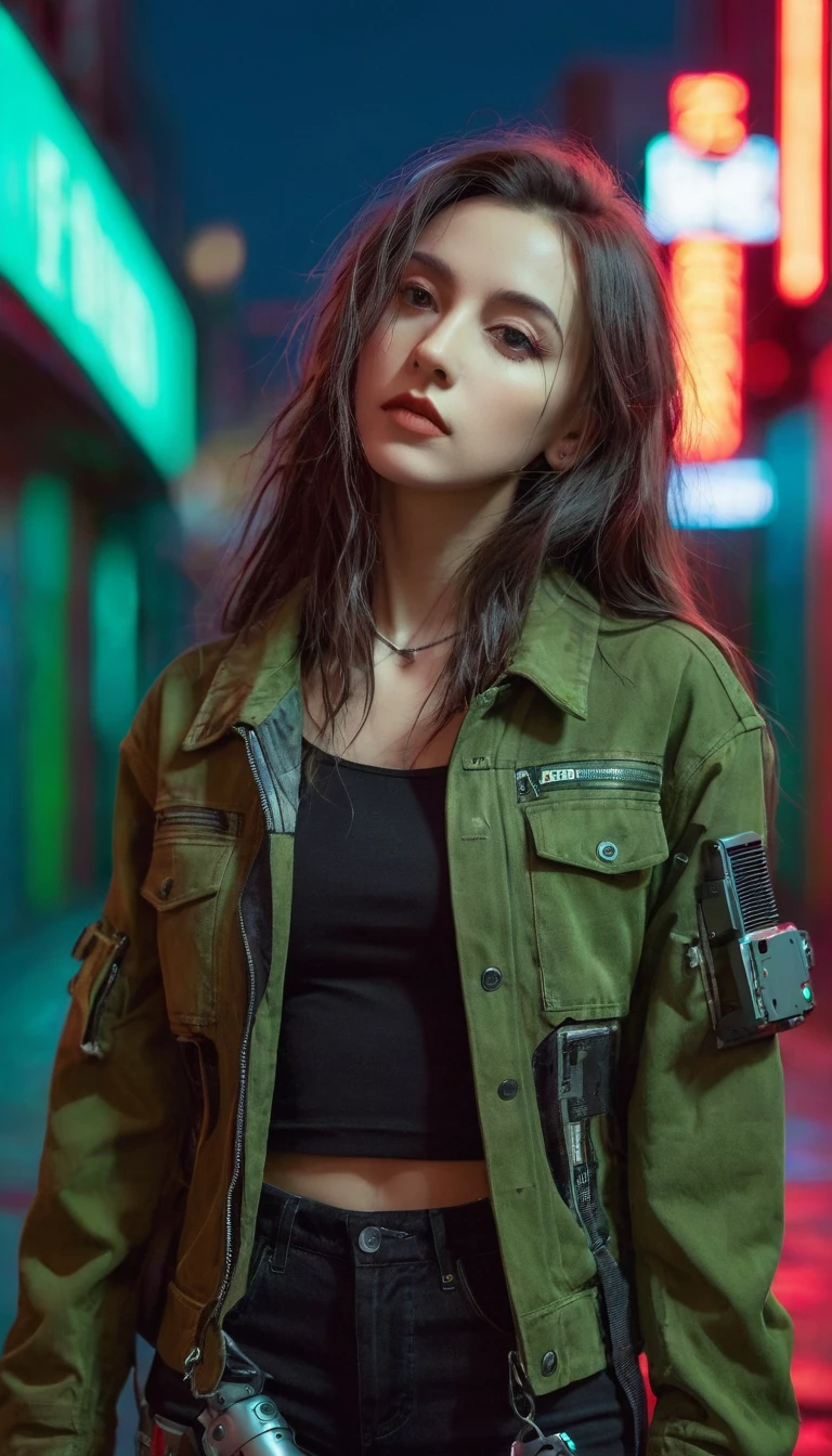 Beautiful girl with small breasts, Wearing a rugged jacket, Long hair, Robotic arm in cyberpunk night scene, Cyberpunk red green background