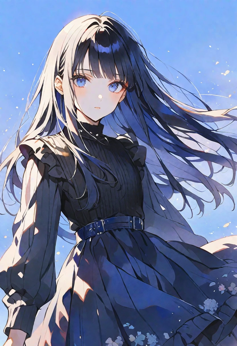 solo, handsome, Watercolor,
1. Female,
Hime cut,Straight Hair,long Hair, black hair,
blue Eyes,Soft look,,18 years old,
black ワンピース,knit,stylish,
skin,
blue background,
