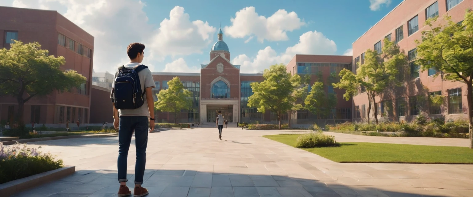 A young male student, around 22-24 years old, is walking through a university campus. He is wearing a simple outfit with a backpack, looking thoughtful. The campus has academic buildings, pathways, and other students walking around. The scene is set on a bright day with some clouds in the sky. The image should be detailed and realistic, capturing the lively and thoughtful atmosphere of the campus.(super realistic, super details, focus, cinematic, mystic)"