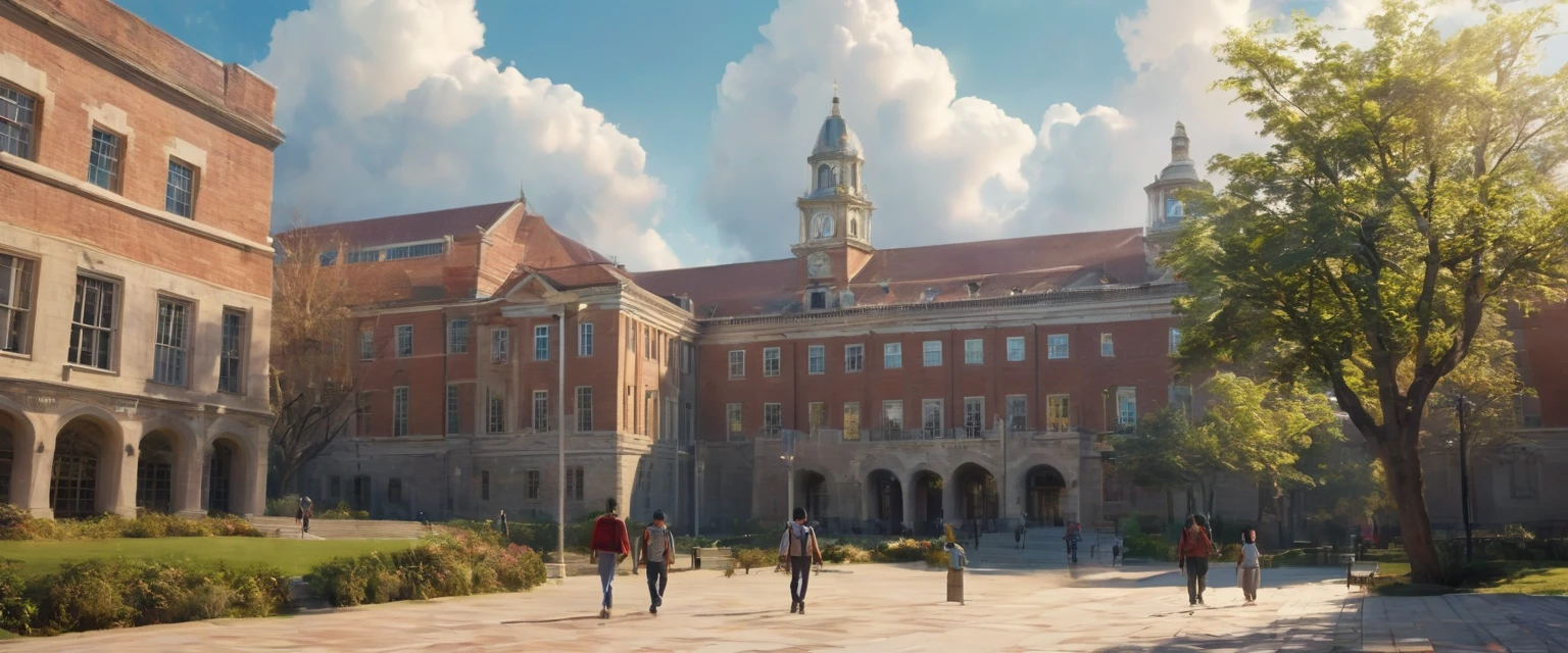 A young male student, around 22-24 years old, is walking through a university campus. He is wearing a simple outfit with a backpack, looking thoughtful. The campus has academic buildings, pathways, and other students walking around. The scene is set on a bright day with some clouds in the sky. The image should be detailed and realistic, capturing the lively and thoughtful atmosphere of the campus.(super realistic, super details, focus, cinematic, mystic)"