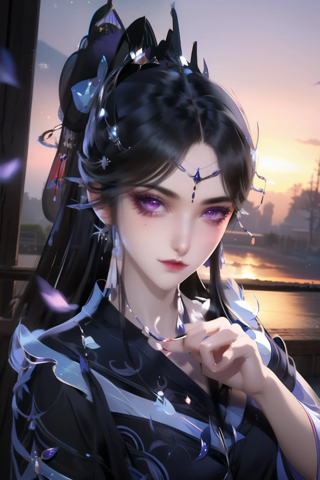 （best quality，masterpiece：1.2），Ultra-high resolution，Realistically，Front lighting，Intricate details，Exquisite details and textures，（1 girl），Solitary，Upper Body，Purple Hanfu，好漂亮的big eyes，Purple dress，Petal decoration，Pretty Face，Facing the audience，Ribbon，gossamer，（young），Facial highlights，Detailed production，Tear mole，White skin，Silver Hair，High Ponytail，Looking at the audience，big eyes，（Hollow pattern），Ear nipple rings，fit，White background，Right hand，Professional lighting，Photon Mapping，Radio City，Physically Based Rendering
