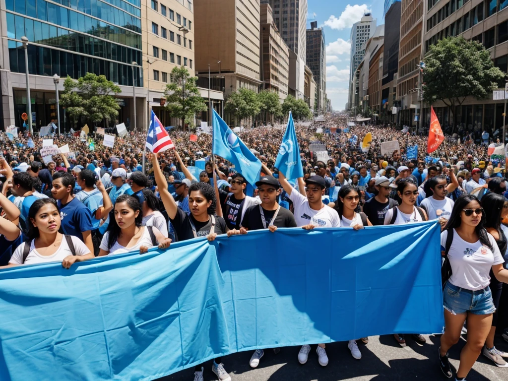 Peoples holding skyblue flags on a protest