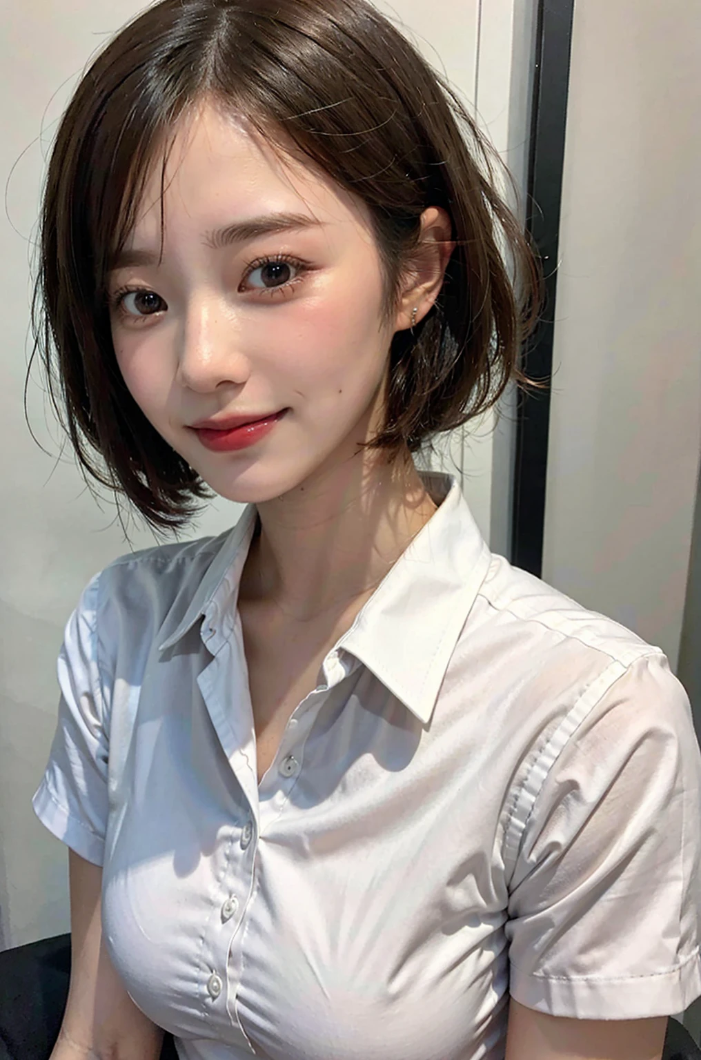 (8k, top quality, masterpiece: 1.2), (realistic, photorealistic: 1.37), super detailed, girl single, cute, solo, sitting, dating, (blush), (smile: 1.15), (closed mouth), big, fine beautiful eyes, big round eyes, (collared shirt: 1.1), wet, office clothes, white lace, (short hair: 1.2), floating hair NovaFrogStyle, Topless, bangs, long neck, happy smile, pretty face, realistic skin type, realistic texture