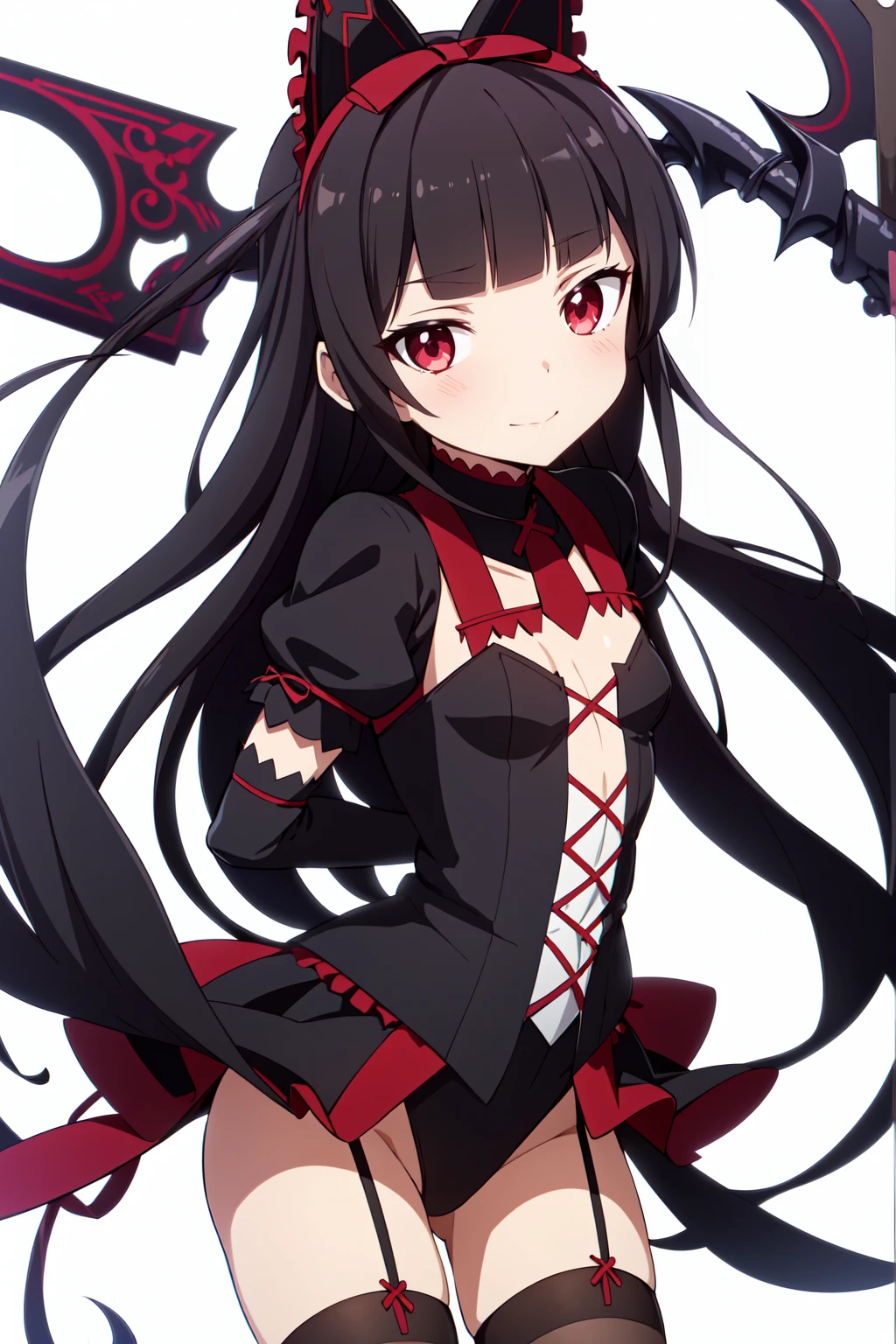 Rory Mercury, Rory Mercury, Black Hair, Blunt bangs, Hime cut, hair ornaments, Red lipstick, Long Hair, Cute face, compensate, (Small box:1.2), (Red eyes:1.5), break Gothic underwear, Perfect body (Small breasts:1.3), break in full growth, Red Shoes, break Black Stockings, Black Gloves break, Black thighs, Garter Straps, gloves, Gothic, Hair Ribbon, Gothicファッション, puffy Short sleeve, Puffy sleeves, Short sleeve, tights, tights, looks at the viewer, break (masterpiece:1.2), Highest quality, High resolution, unity 8k wallpaper, (Illustration:0.8), (Beautiful details in the eyes:1.6), Highly detailed face, Perfect lighting, Highly detailed CGI, (Perfect Arms, Perfect Anatomy), (white background:1.5), I have nothing in my hands, 1girl, whole body, Confused eyes
