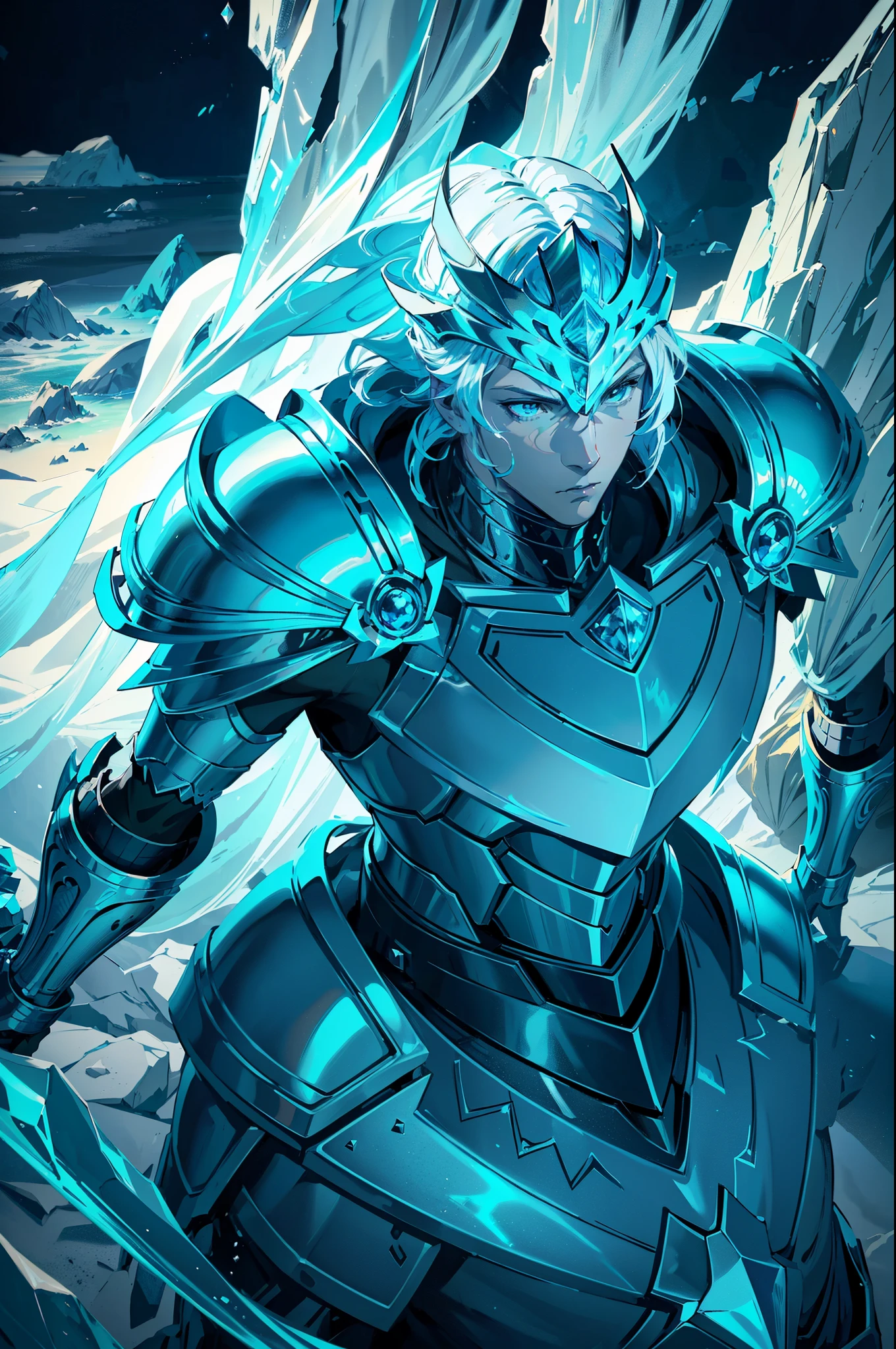 Ice knight, beautiful man with fine armor, intricate design, ocean blue details, silk, cinematic lighting, 4k, floating hair, sharp, prism, shining knight. Man with details armor.