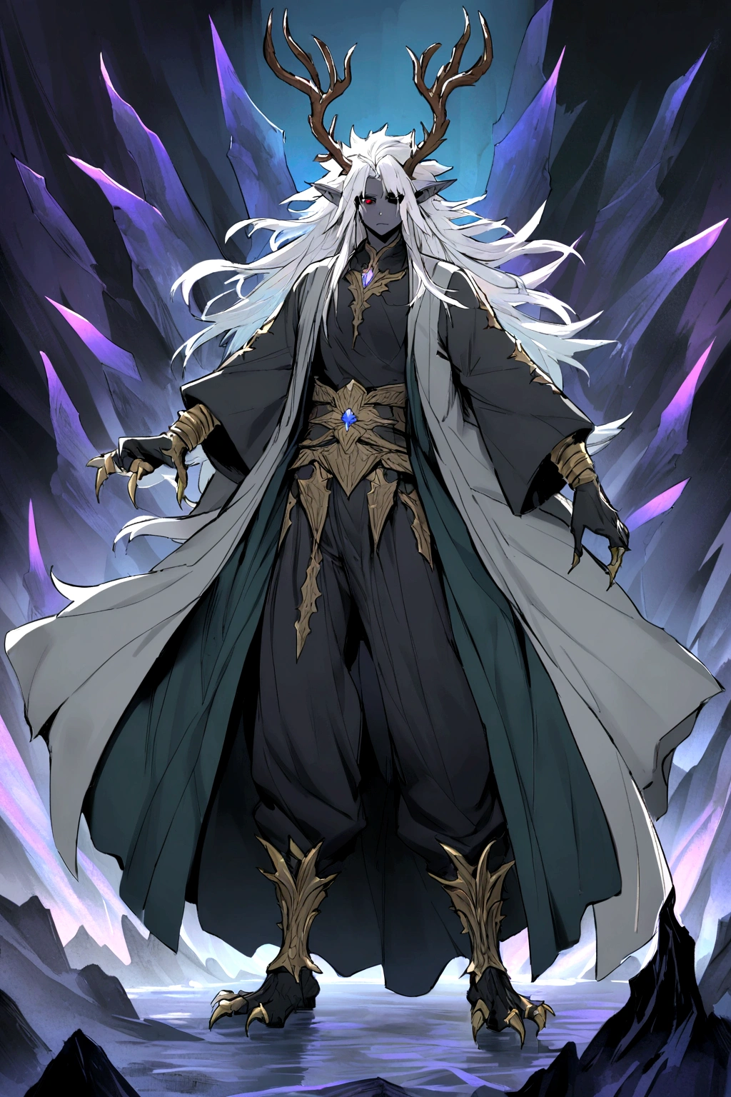 Solo, male teen, Character fusion: Nibelung fused with nidhoggr, odin and sun wukong, tall tanned man with wild unruly white hair, bangs on face, bangs, ((iridescent irises)), black sclera on eyes, long voluminous hair, spiky hair, pointy ears, fit , clawed fingers, dragon tail, open haori, turtleneck tanktop, dark crystal antlers, exhausted expression, khaenr'ah abyss, draconic person, calamity incarnate, full body