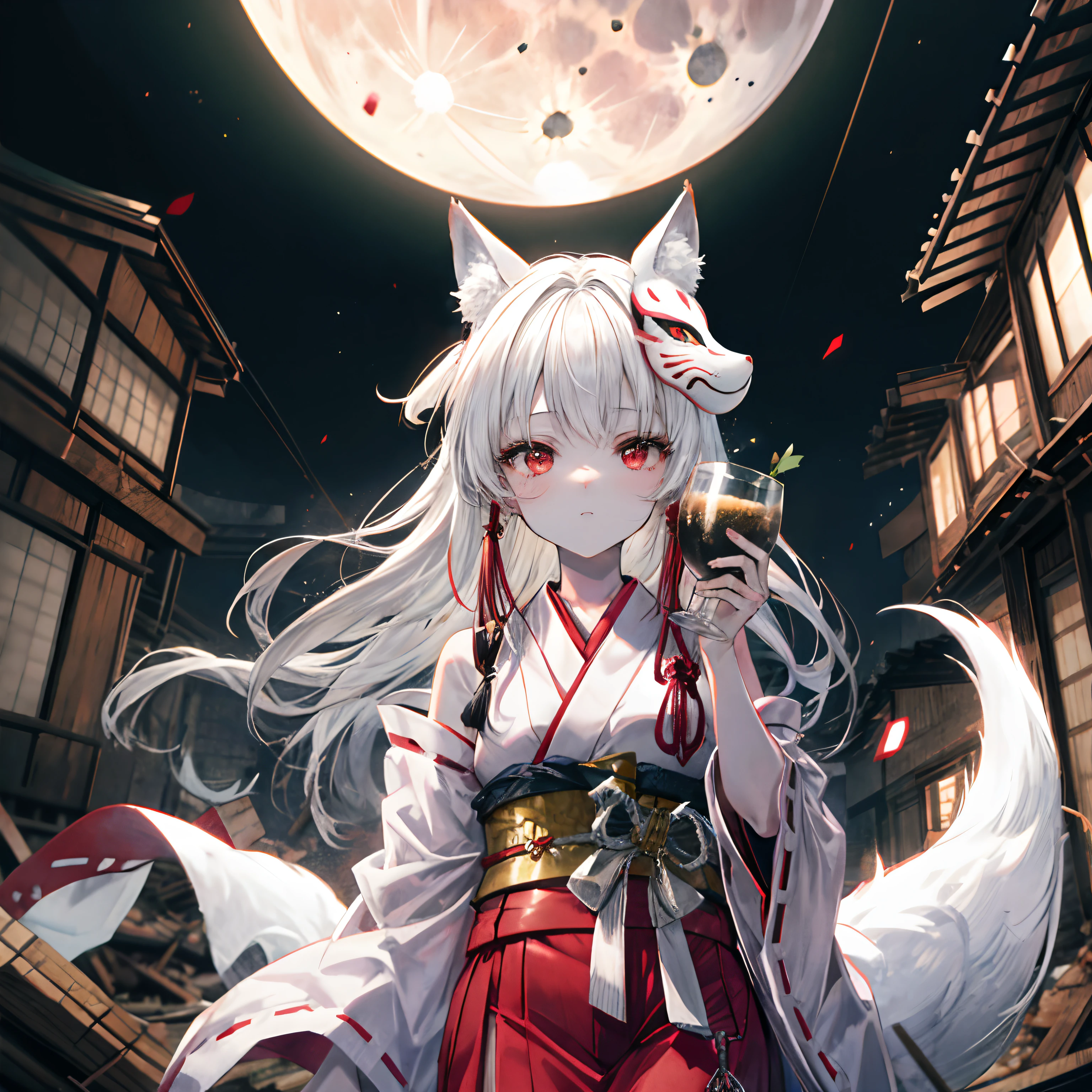 A white-haired girl wearing a fox mask was drinking alcohol in a tavern in the ruins..,conjunctivitis,Naga queen,moon