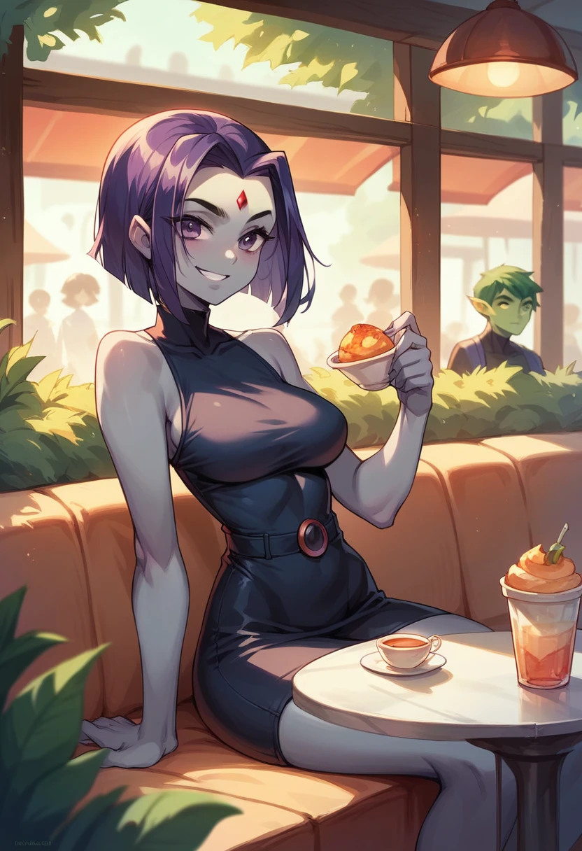 Raven from  titans in a cafe with beast boy smiling