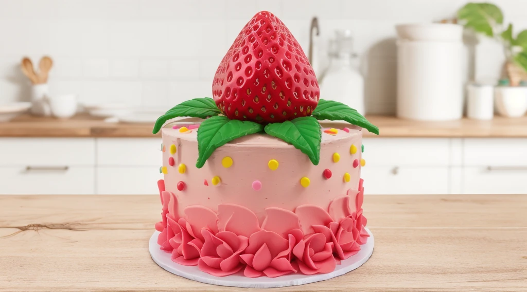 in the kitchen, on a wooden table, on a porcelain plate, a tiny pink cream cake, the bottom is decorated with cream petals, on top of the cake is a polymer clay candy in the form of a strawberry with leaves, the cake is decorated with tiny yellow dragee candies, bright lights, soft light, window light, professional lighting, light from the window, neat light, realistic texture, realistic style, detailed texture, high quality, high resolution, high quality rendering, realistic photo, brightning light, macro photo, 4k ultra HD
