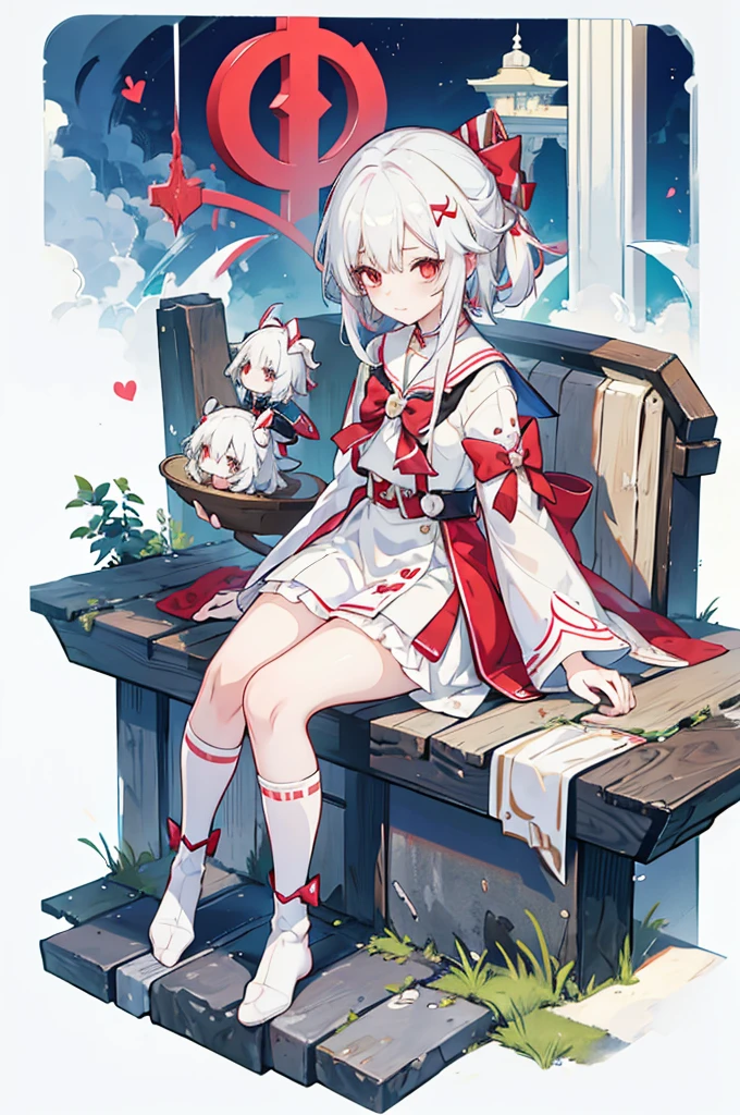 Anime Girls with white hair and red bow sitting on the ground, Sailor dress, Cute girl anime visuals, an Anime Girls, cute Anime Girls, , young Anime Girls, Anime Best Girl, (Anime Girls), pretty Anime Girls, White Hair Girl, beautiful Anime Girls, Anime Girls、White background、Full-body portrait、Brown boots、Red Eyearine color dress、Knee-high socks、whiteback