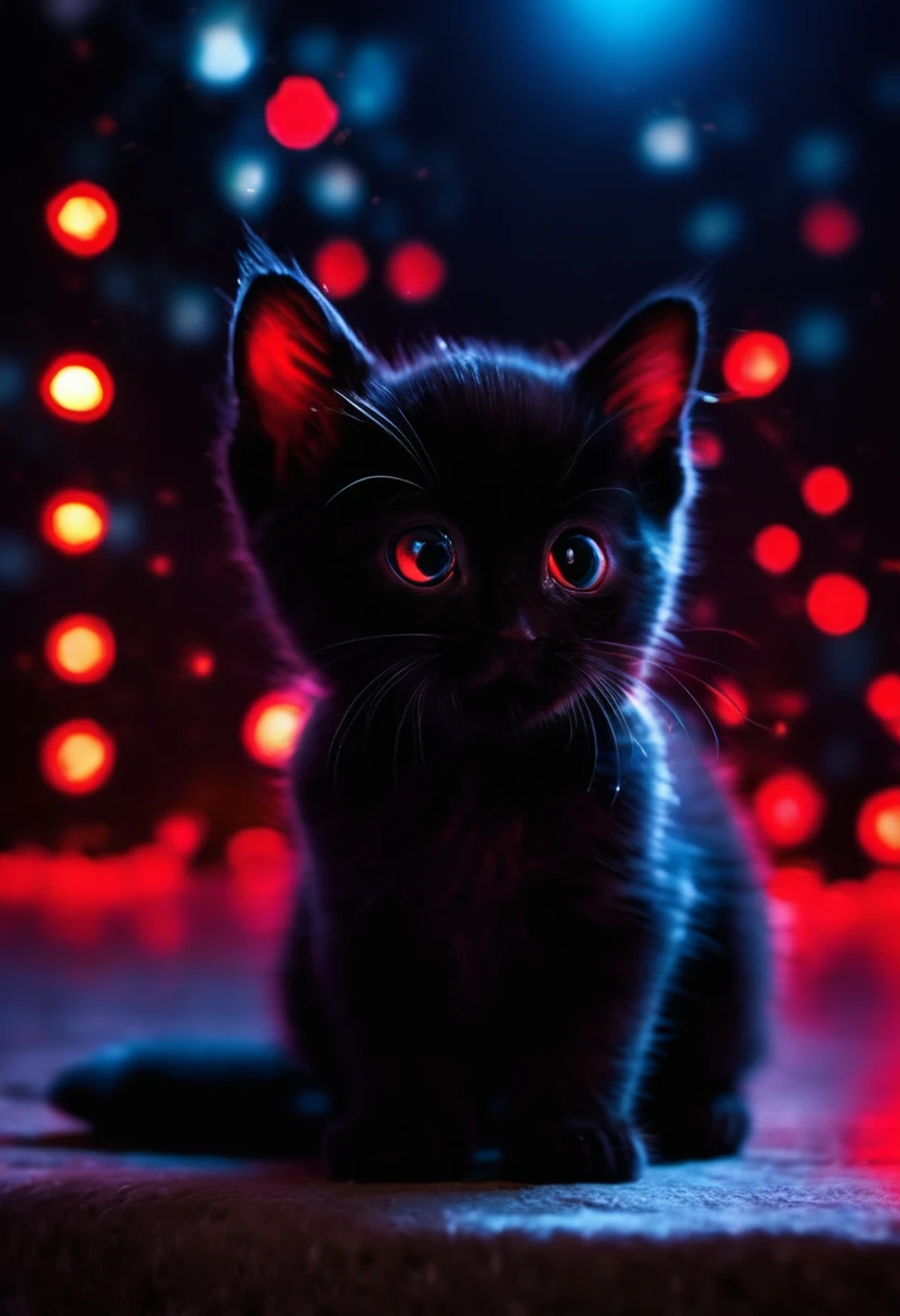 Small full black baby cute cat,Cute cat baby and cat eyes emit red light in the dark night, high quality,High resolution,Neon Background