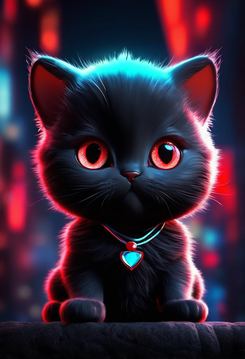 Small full black baby cute cat,Cute cat baby and cat eyes emit red light in the dark night, high quality,High resolution,Neon Background