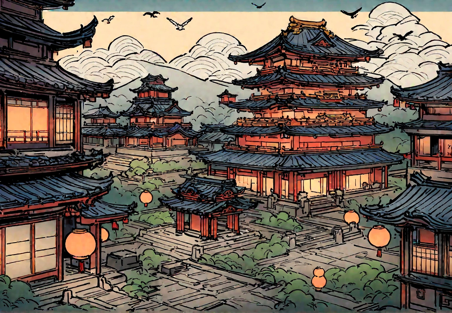 illustration of a traditional chinese building with lanterns and a bird, temple background, background depicting a temple, zen temple background, digital painting of a pagoda, japanese temple, korean traditional palace, background art, chinese building, artwork in the style of z.w. gu, japanese house, inspired by Shūbun Tenshō, cyberpunk japanese temple, palace background
