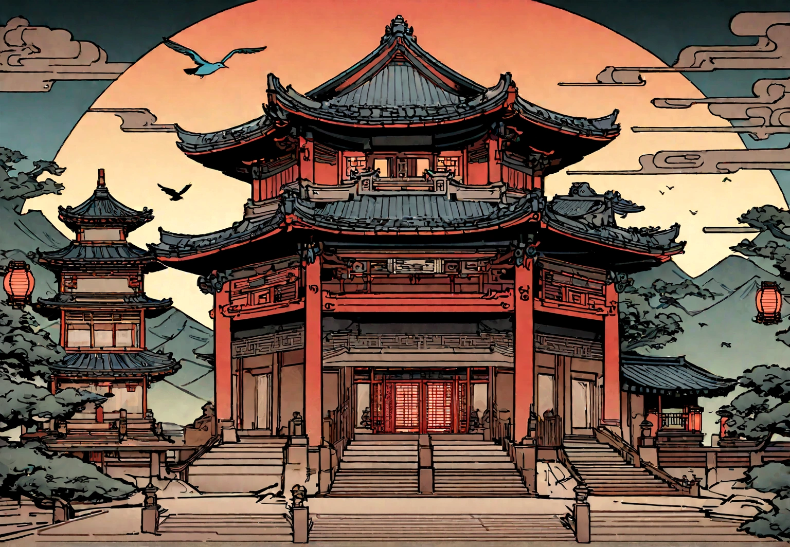 illustration of a traditional chinese building with lanterns and a bird, temple background, background depicting a temple, zen temple background, digital painting of a pagoda, japanese temple, korean traditional palace, background art, chinese building, artwork in the style of z.w. gu, japanese house, inspired by Shūbun Tenshō, cyberpunk japanese temple, palace background