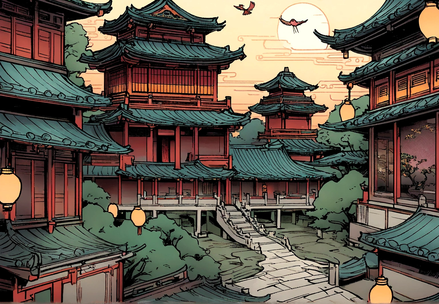 illustration of a traditional chinese building with lanterns and a bird, temple background, background depicting a temple, zen temple background, digital painting of a pagoda, japanese temple, korean traditional palace, background art, chinese building, artwork in the style of z.w. gu, japanese house, inspired by Shūbun Tenshō, cyberpunk japanese temple, palace background