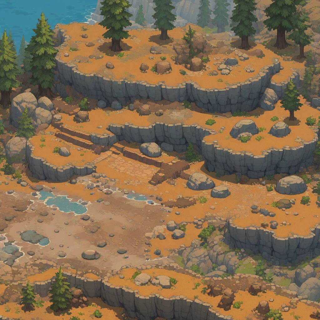 retro video game style,pixelated, vibrant pastel colors,8-bit characters,blocky shapes,sharp lines,detailed shading,classic gaming vibe,nostalgic atmosphere,classic arcade games,masterpiece:1.2,ultra-detailed,illustration style, 2d texture, stone texture, 4 k seamless mud texture, video game texture, dirt texture, tileset, game tiles, grass, trees, rock texture, detailed trees, topdown view, game texture, game art, tileable texture, very detailed cliff texture, intricate stones, top down view, 3/4th perspective