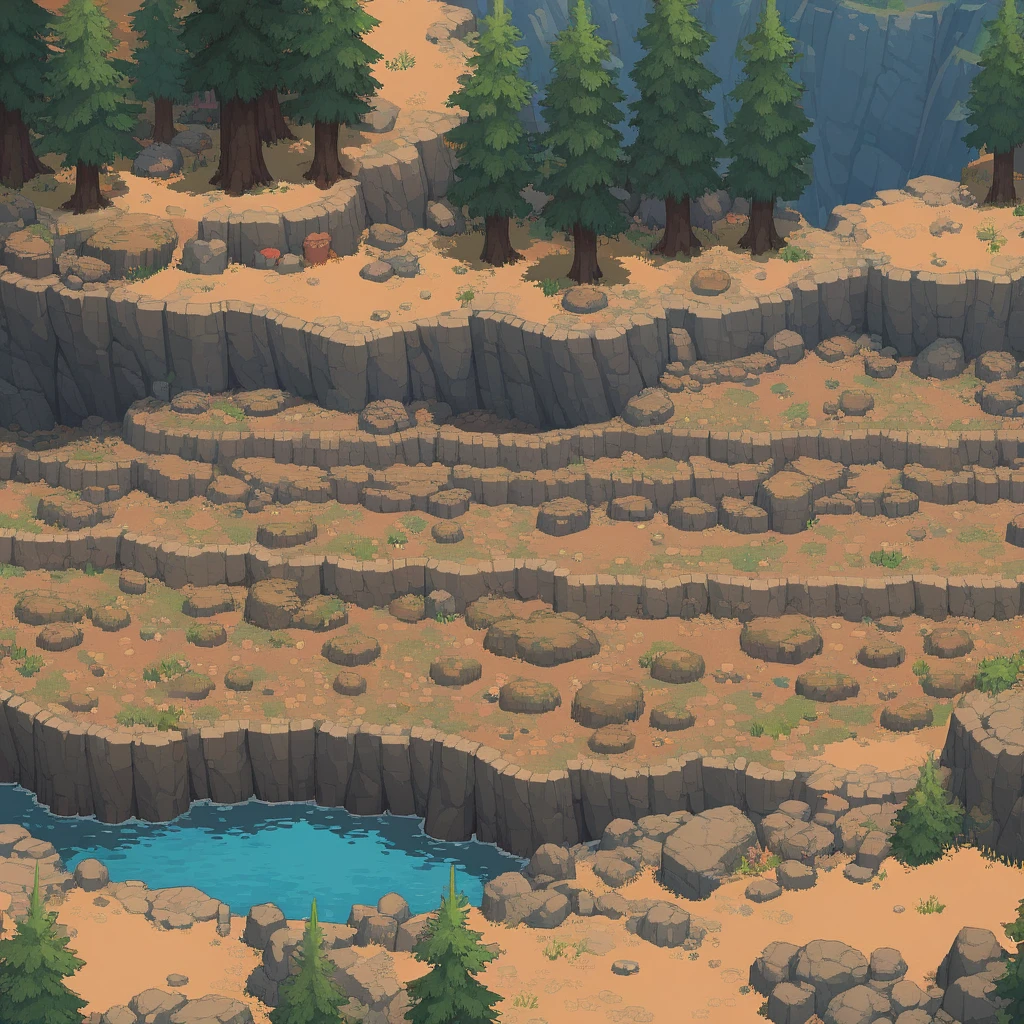 retro video game style,pixelated, vibrant pastel colors,8-bit characters,blocky shapes,sharp lines,detailed shading,classic gaming vibe,nostalgic atmosphere,classic arcade games,masterpiece:1.2,ultra-detailed,illustration style, 2d texture, stone texture, 4 k seamless mud texture, video game texture, dirt texture, tileset, game tiles, grass, trees, rock texture, detailed trees, topdown view, game texture, game art, tileable texture, very detailed cliff texture, intricate stones, top down view, 3/4th perspective
