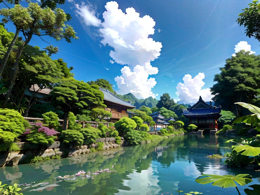 8K HD quality，Tropical Garden，Takayama，Blue sky and white clouds，river, lake, river，还有Takayama和中国传统寺庙，Garden River