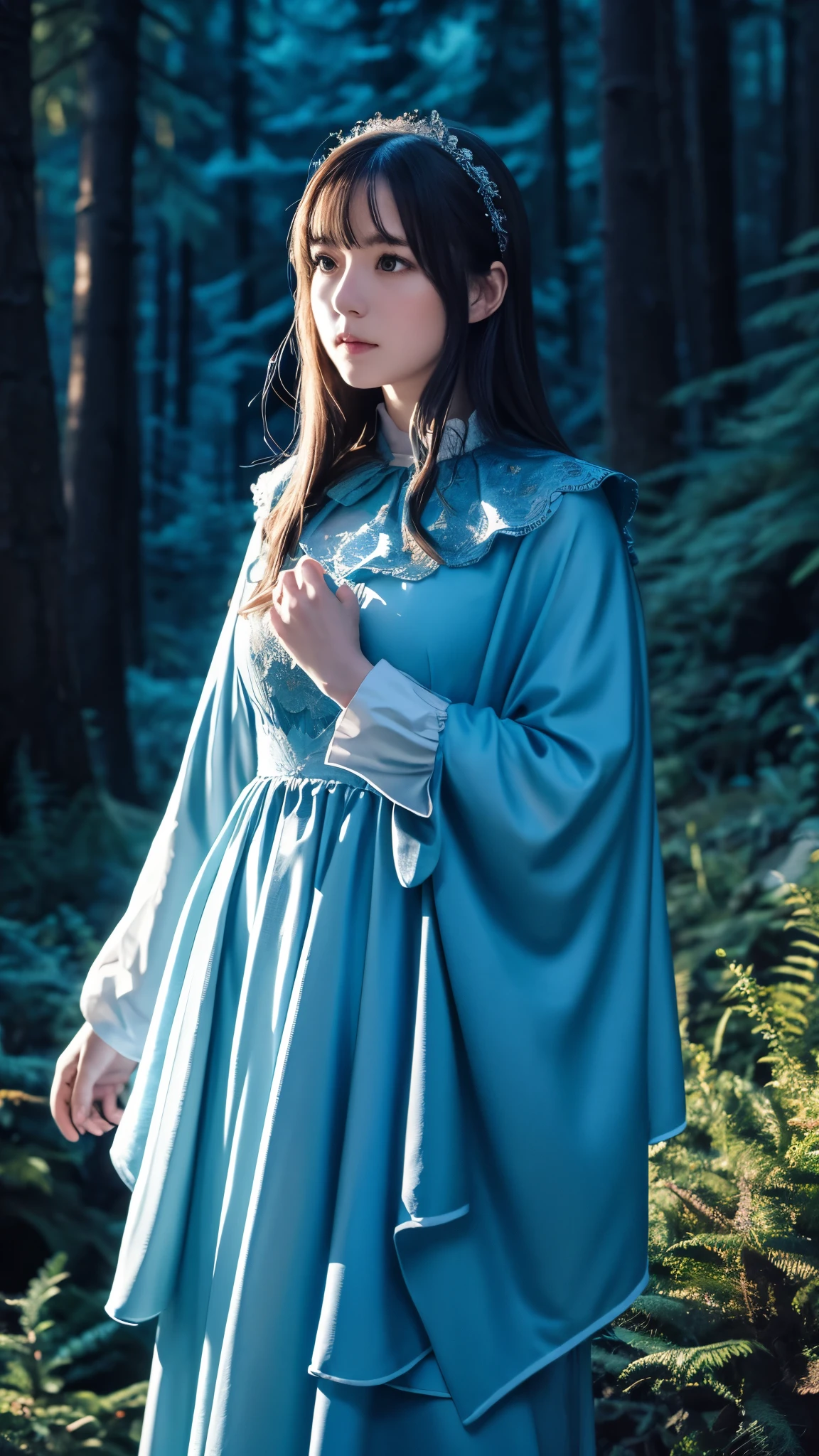 masterpiece, Highest quality, Marianne_Time Skip, Blue clothes, Capelet, Dark alpine forest, Are standing, night, look up, Upper Body, Detailed face 