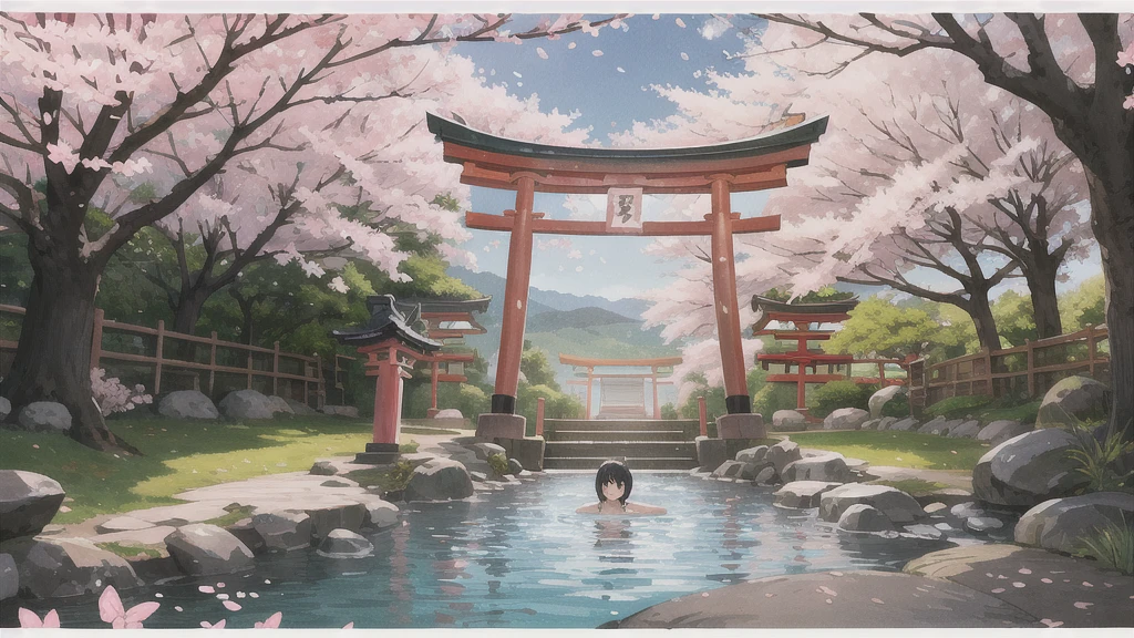 Cute art style, open-air bath, small torii gate, hot spring, evening, cherry blossoms, illustration, background only