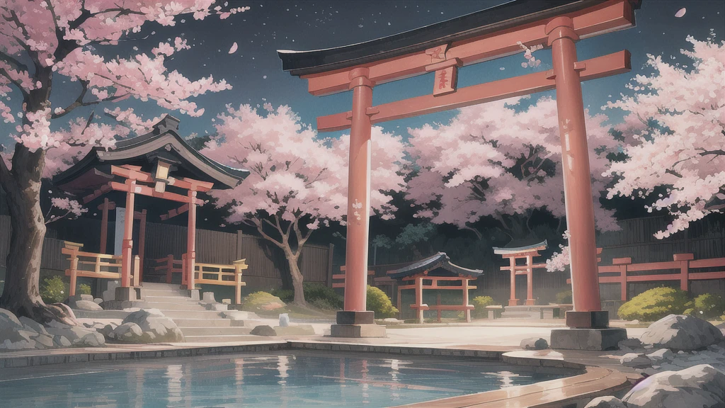 Cute art style, open-air bath, small torii gate, hot spring, evening, cherry blossoms, illustration, background only