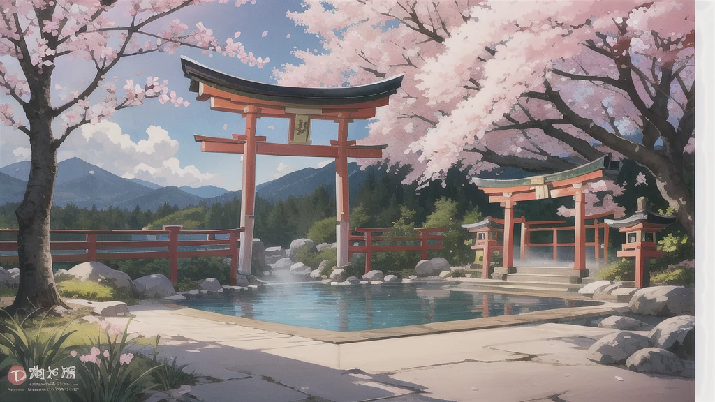 Cute art style, open-air bath, small torii gate, hot spring, evening, cherry blossoms, illustration, background only