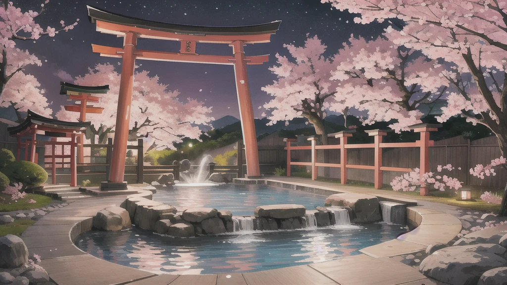 Cute art style, open-air bath, small torii gate, hot spring, evening, cherry blossoms, illustration, background only