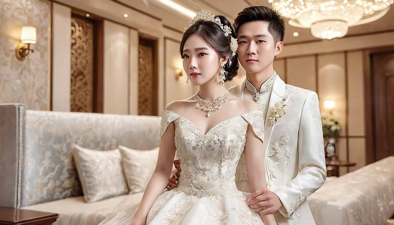 Chinese modern western wedding attire。RAW photos,Best quality,(reality,照⽚reality感:1.3),masterpiece,Extremely exquisite and beautiful,High resolution,Original,Perfect lighting,(Extremely detailed CG:1.2),Unification,2k wallpaper,Amazing,fine