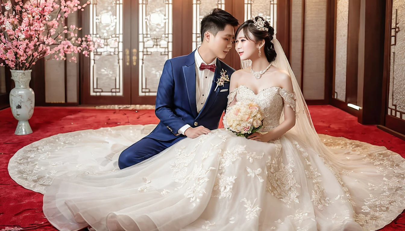 Chinese modern western wedding attire。RAW photos，Best quality，（reality，照⽚reality感：1.3），masterpiece，Extremely exquisite and beautiful，High resolution，Original，Perfect lighting，（Extremely detailed CG：1.2），Unification，2k wallpaper，Amazing，fine