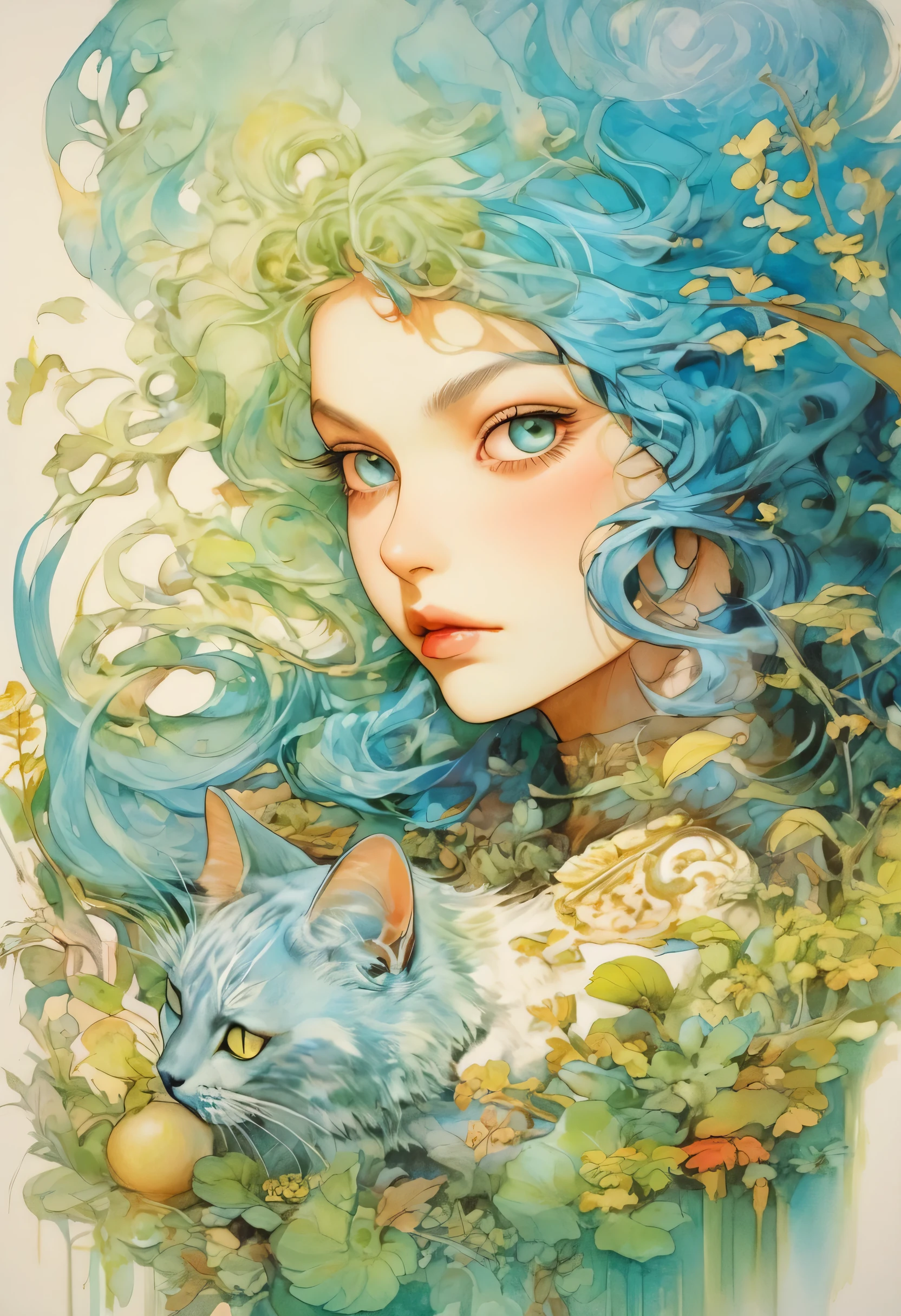 artwork by Katsuya Terada
8K, HD, intricate detailed masterpiece, (summer vaation:1.4), cute cat and , transparent, glowing blue eyes, blue cat and palegreen eye ball, medium shot, blue hair, organic shapes, hard edges, anatomecly correct body,  hyper realistic, cat elegant,cinematic lighting, highly detailed, intense colors, octane rendered cat, surreal mood, award winning picture, glowing rich colors, iridiscent accents, dramatic shadows,dynamic and atmospheric lighting, anamorphic lens, sharp focus, 
intricate high detail masterpiece by Katsuya Terada, in the STYLE of Katsuya Terada, pop surrealism, watercolor 