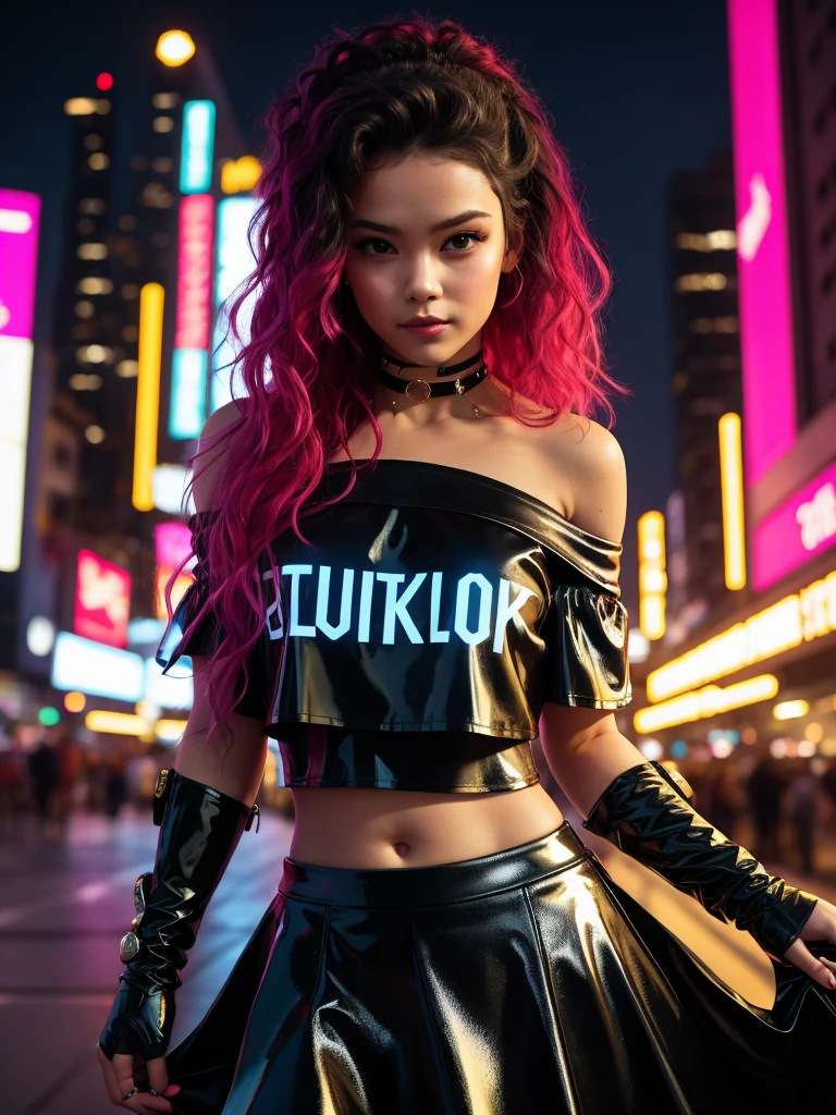 Full Face portrait photo oF 25 year old European girl,  beautiful woman, semi-open strawberry lip, dimples, sedutice expression, (extra long wavy brown hair),  pale skin, ((cyberpunk megacity environment at night)), (color fresco), camera pose, ((short black latex skirt)),  tough boy style, ultra focused face, intimidating, smiling, short and messy hair, muscles (( oFF-shoulder crop top)),