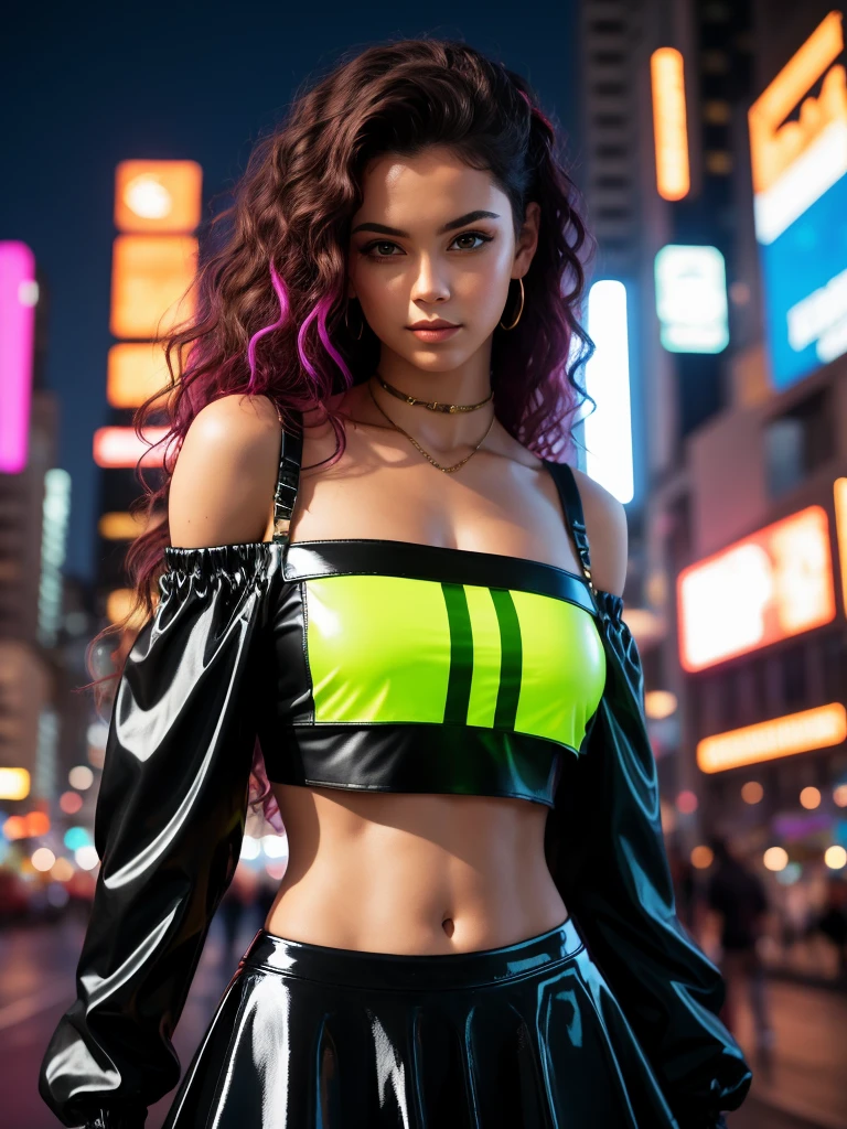 Full Face portrait photo oF 25 year old European girl,  beautiful woman, semi-open strawberry lip, dimples, sedutice expression, (extra long wavy brown hair),  pale skin, ((cyberpunk megacity environment at night)), (color fresco), camera pose, ((short black latex skirt)),  tough boy style, ultra focused face, intimidating, smiling, short and messy hair, muscles (( oFF-shoulder crop top)),