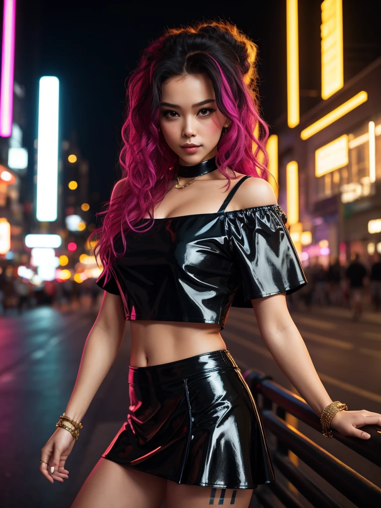 Full Face portrait photo oF 25 year old European girl,  beautiful woman, semi-open strawberry lip, dimples, sedutice expression, (extra long wavy brown hair),  pale skin, ((cyberpunk megacity environment at night)), (color fresco), camera pose, ((short black latex skirt)),  tough boy style, ultra focused face, intimidating, smiling, short and messy hair, muscles (( oFF-shoulder crop top)),