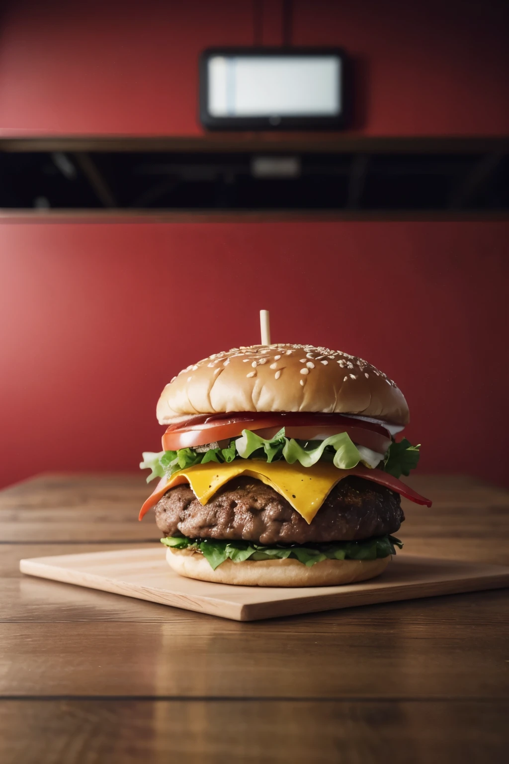instagram post, red background, realistic nikon z7 hamburger, 4k wooden table, fast food