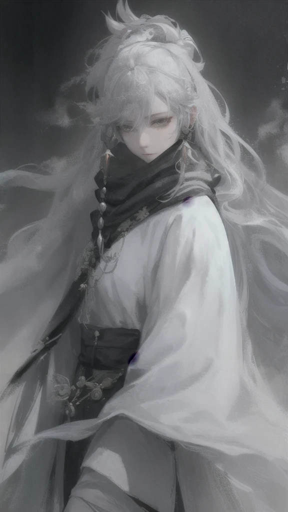 a close up of a woman with a white hair and a black scarf, a character portrait by Yang J, pixiv contest winner, fantasy art, white haired deity, beautiful character painting, artwork in the style of guweiz, the piercing stare of yuki onna, guweiz, with white long hair, with long white hair, flowing hair and long robes