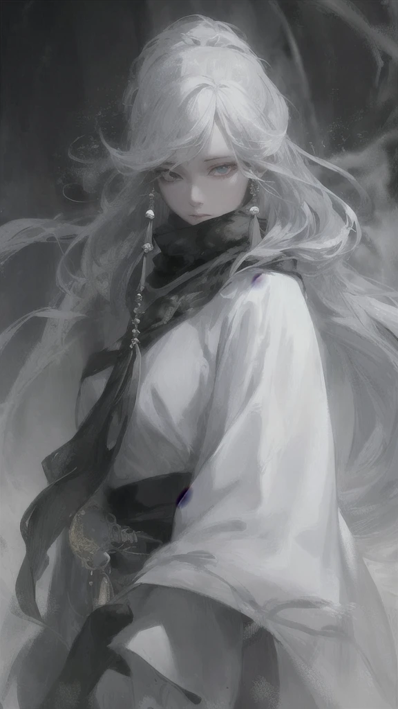 a close up of a woman with a white hair and a black scarf, a character portrait by Yang J, pixiv contest winner, fantasy art, white haired deity, beautiful character painting, artwork in the style of guweiz, the piercing stare of yuki onna, guweiz, with white long hair, with long white hair, flowing hair and long robes