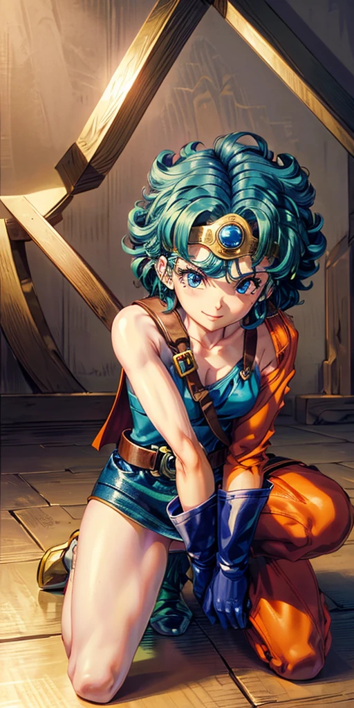 masterpiece,1 girl, Beautiful Eyes ,smile, Puffy eyes, Highest quality, Cinema Lighting, beautiful, Body facing forward, Face close-up, 8K, Detailed face, Bright lighting、Professional Lighting, Looking at the audience, Look straight ahead, Diagonal bangs, Bright light Blue Hair, Nogizaka idol, 20-year-old, masterpiece, shape, Sage_(dq3),Blue Hair, Circlet, Red eyes,Small breasts, Yellow gloves, White Dress, belt, Cape, boots, kneel on one knee, be in flames, a near-death situation, cowboy shot, from front
