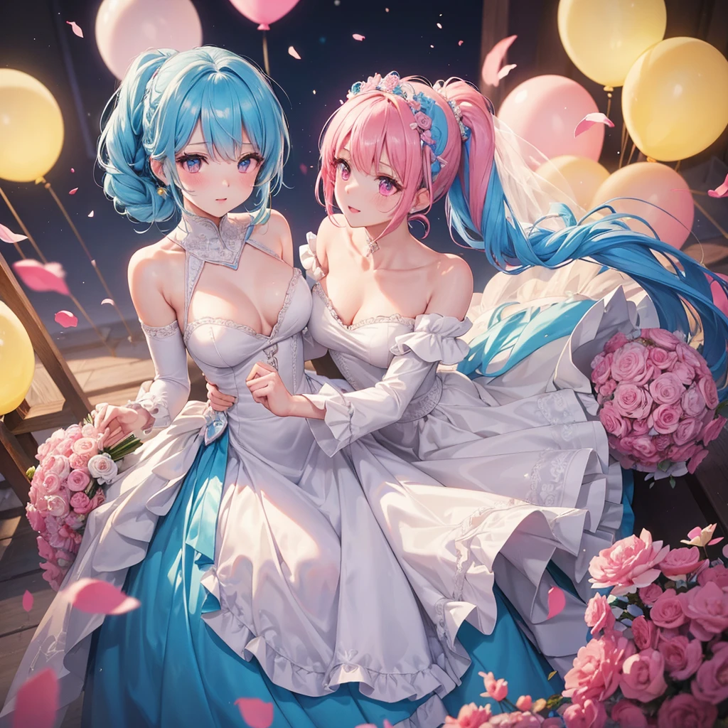 sky Blue hair, (braided ponytail),(pink eyes),fair skin ,(full body),(1 girl),bride,blush,Straight Bangs, June Bride,Wedding dress,(masterpiece, best quality, ultra-detailed, best shadow), (detailed background), (beautiful detailed face), high contrast, (best illumination, an extremely delicate and beautiful), ((cinematic light)), colorful, hyper detail, dramatic light, intricate details,Wedding hall, Balloons flying in the sky,