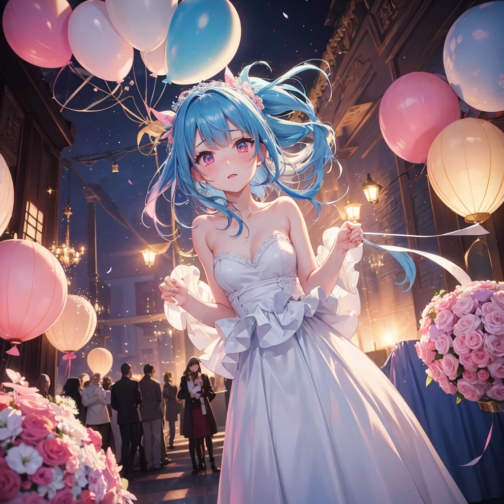 sky Blue hair, (braided ponytail),(pink eyes),fair skin ,(full body),(1 girl),bride,blush,Straight Bangs, June Bride,Wedding dress,(masterpiece, best quality, ultra-detailed, best shadow), (detailed background), (beautiful detailed face), high contrast, (best illumination, an extremely delicate and beautiful), ((cinematic light)), colorful, hyper detail, dramatic light, intricate details,Wedding hall, Balloons flying in the sky,