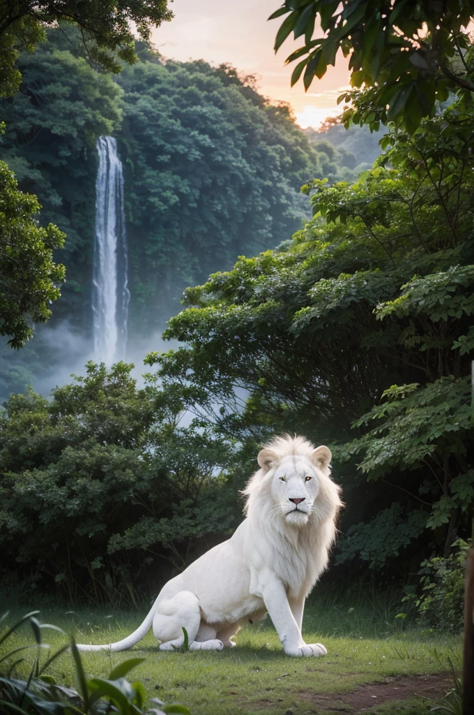White lion in the jungle,sad,Look into the distance,Sunset,forest,Japanese comic style,Unreal Engine,illustration,Wide-angle lens,Realistic details,Atmospheric one