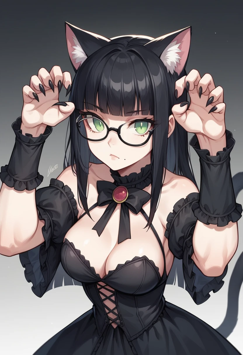 best quality, masterpiece, super high resolution, perfect anatomy, 1girl, black hair, long hair, hime cut, blunt bangs, black cat ears, black cat tail, green eyes, cat girl, glasses, medium breasts, cat eyes, :3, pale skin, mole_under_mouth, 23 years old, gothic lolita dress, incredibly absurdres, cat pose