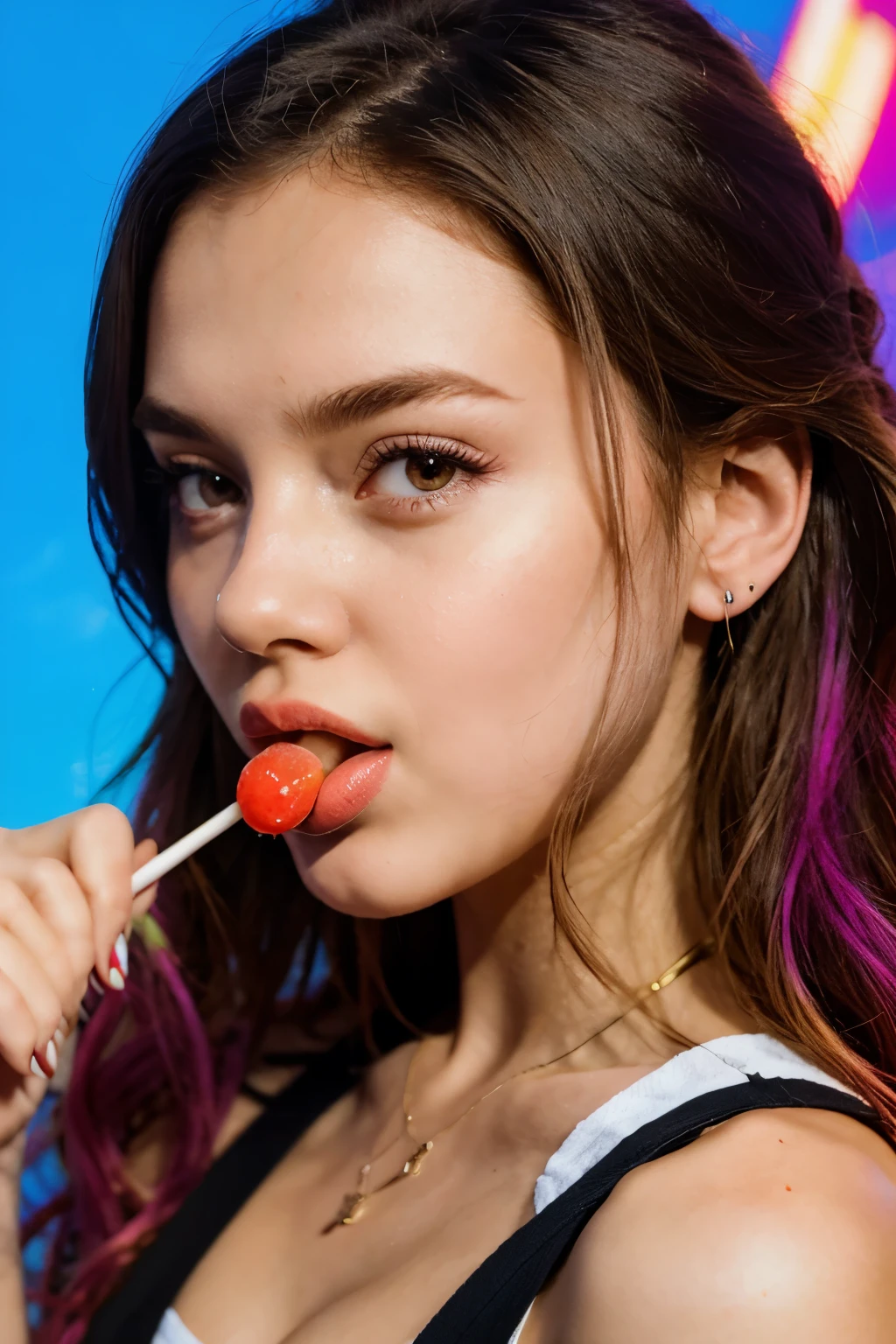 (masterpiece, best quality:1.2), 1girl, solo, high quality raw photograph of a young girl, licking a red lollipop, colorful hair, vibrant neon colors, silhouette, illustration, looking at viewer, lofi,UHD, accurate, textured skin, super detail, high details, high quality, highres, 1080P, 4K